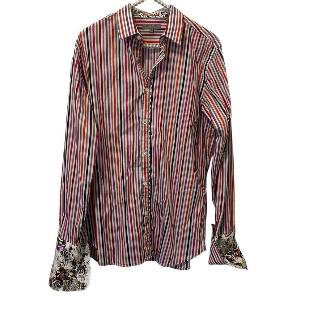 Ted Baker London men’s shirt Sz 3 medium pink purple Striped Button down cuff